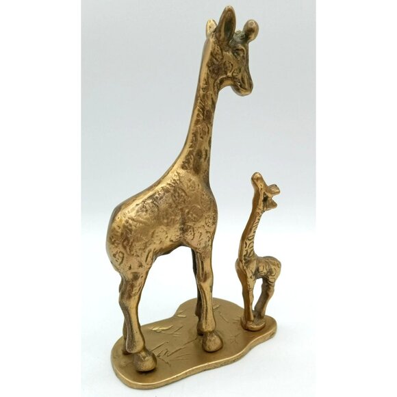 Vintage Brass Giraffe Figurine Mom and Baby 7" Mid Century Animal Sculpture - Picture 4 of 16